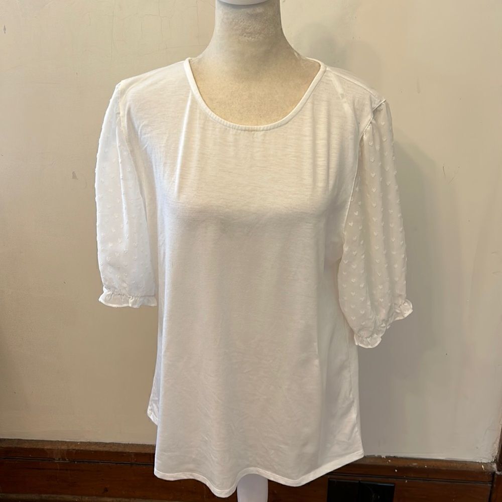 DR 2 white short sheer sleeve top Size L NWOT